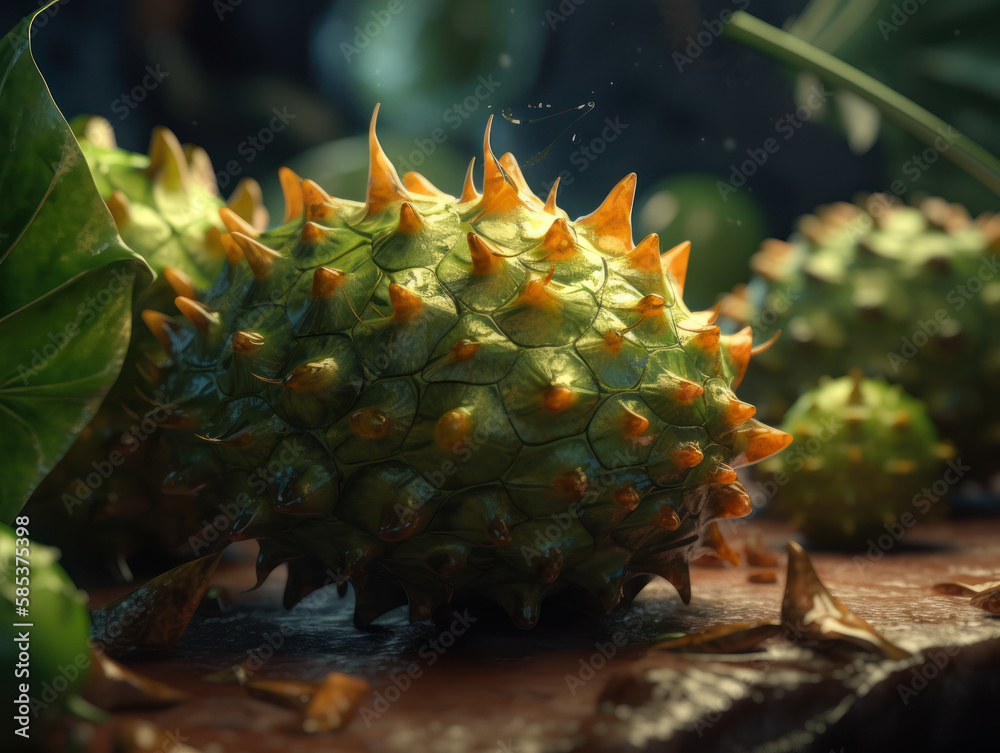 Beautiful organic background of freshly picked kiwano created with Generative AI technology Beautiful organic background of freshly picked kiwano created with Generative AI technology