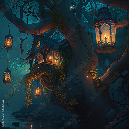 Forest Tree House at Night with Lights