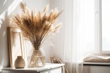 Flowers and dried pampas grass in glass vase on wooden side table against white background. Minimalist living room interior design features. Luxurious apartment design. Generative AI