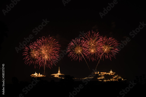 Fireworks above the mountain with the ancient royal palace known as  Phra Nakhon Khiri   Phetchaburi Province  Thailand  create a city of heaven s splendour.