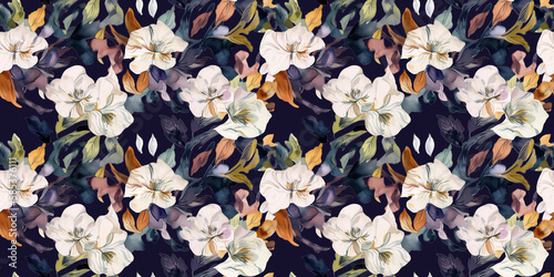 Miltoniopsis repeating pattern background, tropical leaves, abstract art design – created with generative AI