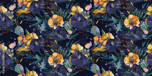 Portulaca repeating pattern background, tropical leaves, abstract art design – created with generative AI