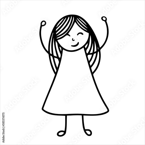 Little girl with her hands up. Vector illustration hand-drawn.