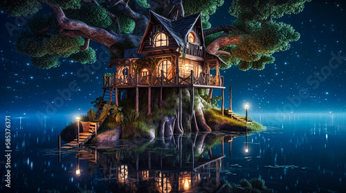 Tree house on an island  night landscape on the water  moonlight  fog  night lantern  reflection in the water. AI generated image.