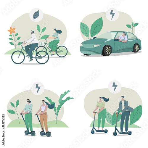 Set of Eco friendly alternative ecological transportation, People choose vehicles that conserve nature.
bicycles, EV car, scooter, Environmental care concept, Vector design illustration.