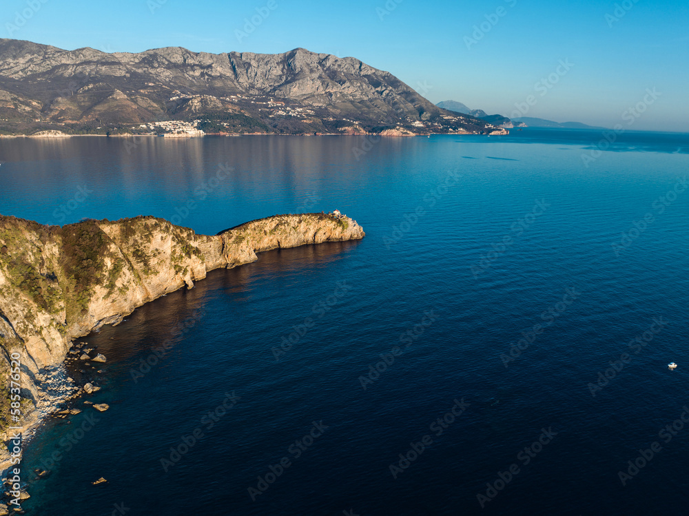 Island St.Nikola near Budva, Montenegro. Drone aerial panorama