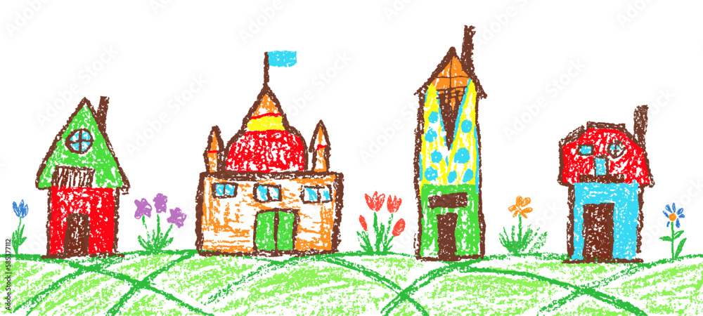 Like child`s hand drawn crayon colorful house set, summer border background. Pastel chalk or pencil kids painting cute country or city building. Vector funny doodle art simple cartoon flat style