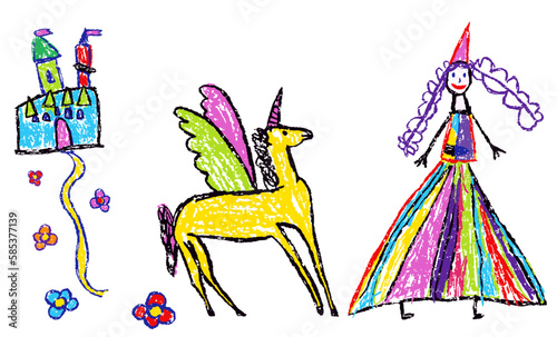 Princess or queen, castle, unicorn, pegasus, horse wings. Like kids hand drawn fairy kingdom outdoor background. Fantasy fairy doodle simple vector. Vector crayon, pastel chalk or pencil cartoon art