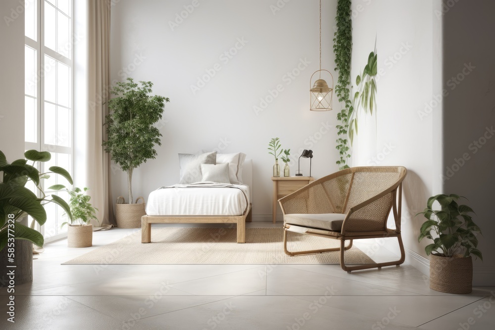 Contemporary minimalist apartment with armchair on vacant white wall. Generative AI Contemporary minimalist apartment with armchair on vacant white wall. Generative AI