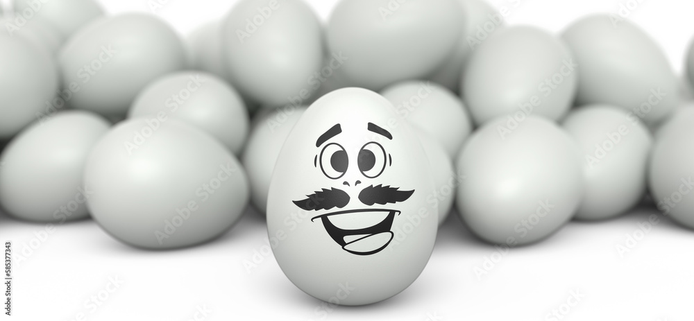 Farm white painted egg with expressions and funny face and crowd of eggs Farm white painted egg with expressions and funny face and crowd of eggs