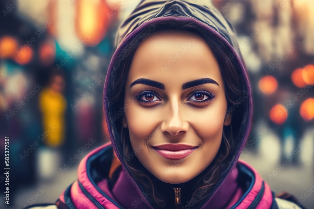Modern self-confident arabic young woman in purple hoodie and trendy sweatshirt. Fashion portrait. Trend marker. Edgy fashion. Ai generative. Modern self-confident arabic young woman in purple hoodie and trendy sweatshirt. Fashion portrait. Trend marker. Edgy fashion. Ai generative.
