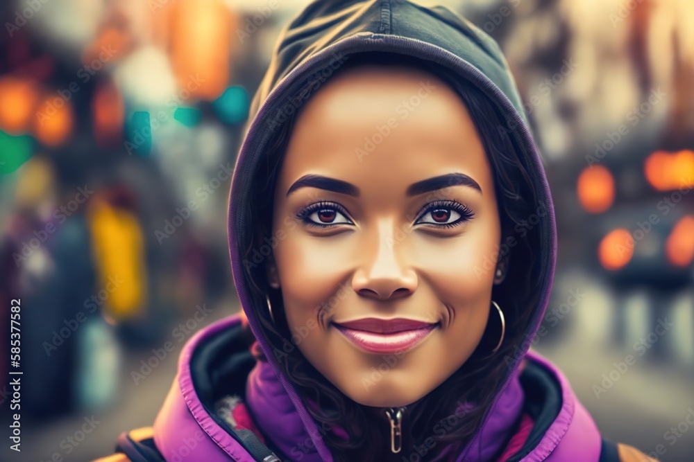 Modern self-confident african american young woman in purple hoodie and trendy sweatshirt. Fashion portrait. Trend marker. Edgy fashion. Ai generative. Modern self-confident african american young woman in purple hoodie and trendy sweatshirt. Fashion portrait. Trend marker. Edgy fashion. Ai generative.