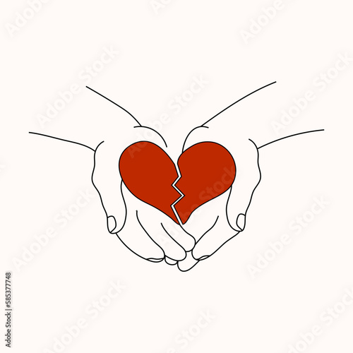 Red broken heart in hands. Reconciliation concept. Line art style. Vector illustration.