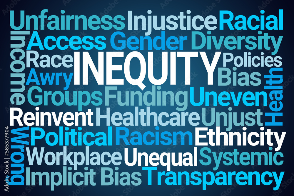 Inequity Word Cloud on Blue Background Inequity Word Cloud on Blue Background