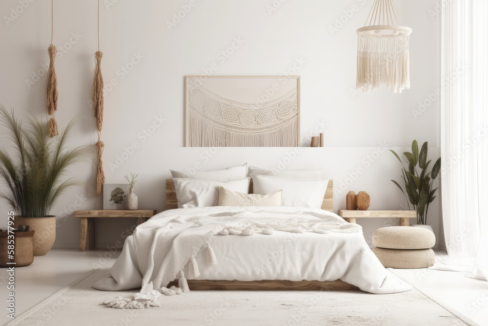 White bedroom wall. Scandi boho interior mockup. Free copy space for your image, text, or design. Macrame, pampas grass, bed. Generative AI
