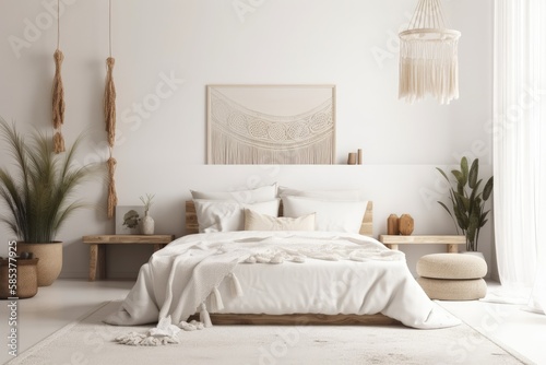 White bedroom wall. Scandi boho interior mockup. Free copy space for your image  text  or design. Macrame  pampas grass  bed. Generative AI