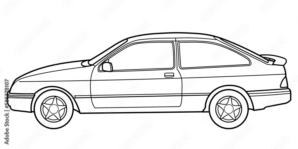 Outline drawing of a hatchback car from side viewб 80s style. Vector outline doodle illustration. Design for print or color book Outline drawing of a hatchback car from side viewб 80s style. Vector outline doodle illustration. Design for print or color book