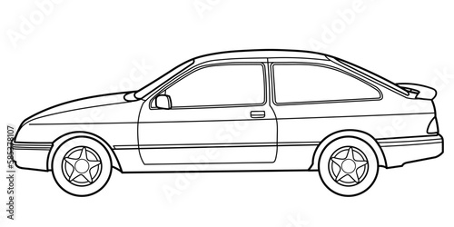 Outline drawing of a hatchback car from side viewб 80s style. Vector outline doodle illustration. Design for print or color book