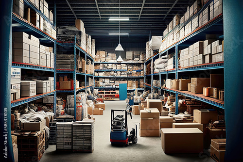 Indoor view of a messy commercial warehouse aisle (Generative AI)