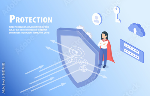 The Super Boss stands behind the shield which is reflecting arrows to destroy. The concept of protection data information and password from threats, security. Isometric vector illustration.