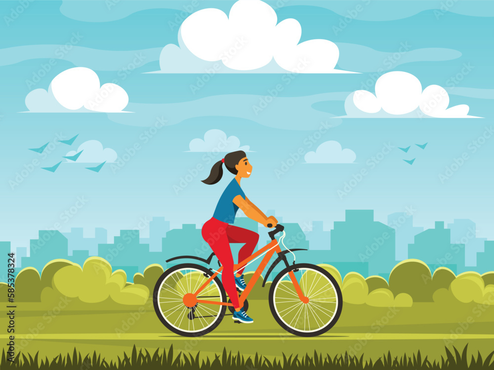 Female cyclist riding a bike. Woman travels on a bicycle. Nature background with cityscape. City park on the background of the business district. Vector graphics