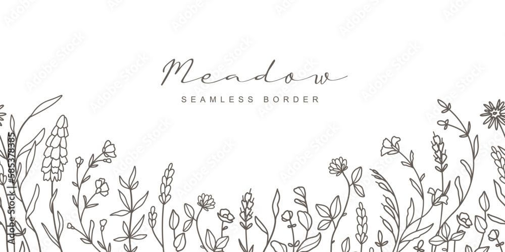 Botanical seamless border with trendy meadow greenery and flowers. Vintage foliage pattern for wedding invitation, wall art and card template. Vector illustration in hand drawn line art style - obrazy, fototapety, plakaty 