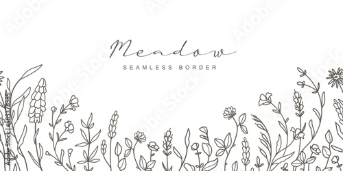 Botanical seamless border with trendy meadow greenery and flowers. Vintage foliage pattern for wedding invitation, wall art and card template. Vector illustration in hand drawn line art style