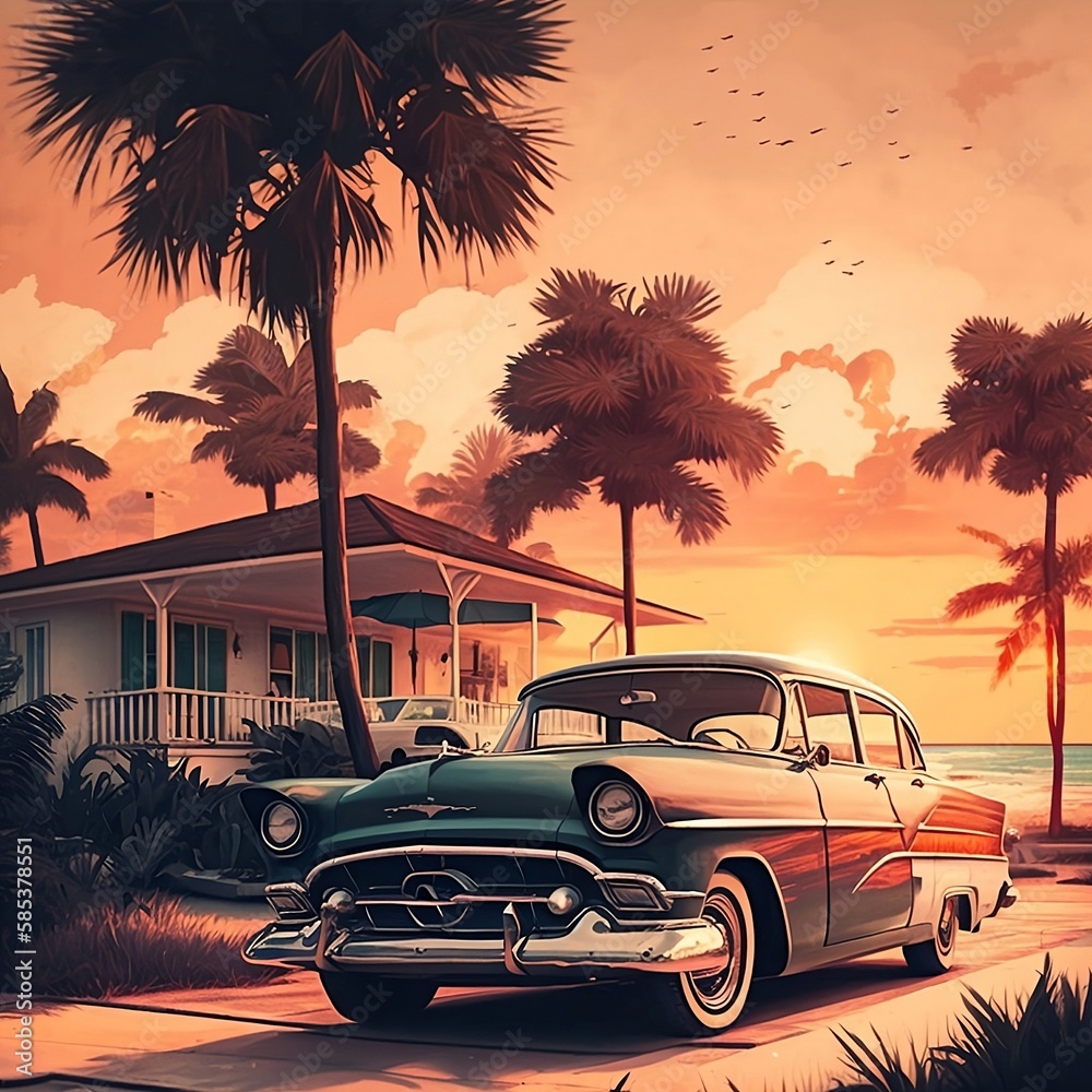 Retro-style sunset on Palm Beach. Generative AI.
