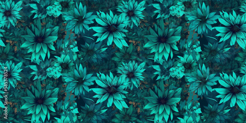 Dark turquoise repeating pattern background, tropical leaves, abstract art design – created with generative AI