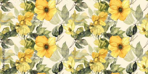 Rudbeckia repeating pattern background, tropical leaves, abstract art design – created with generative AI