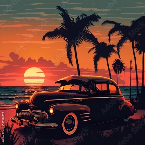 Retro-style sunset on Palm Beach. Generative AI. © Anna