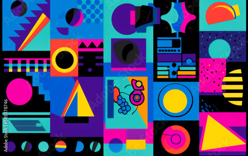 Colorful 80s Retro patterns  shapes and colors for that vintage 1980s style. Illustrative Generative AI.