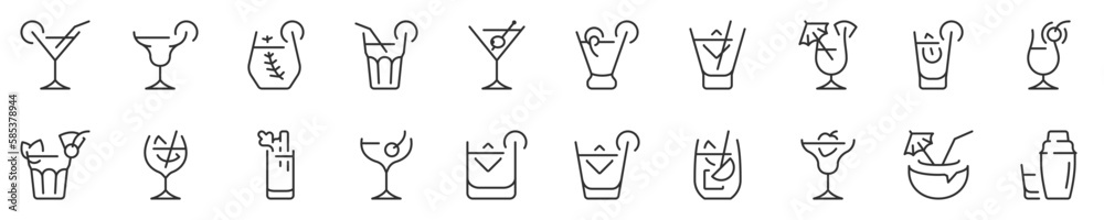 Classic alcoholic cocktails and cocktail glasses thin line icon set. Symbol collection in transparent background. Editable vector stroke. 512x512 Pixel Perfect. - obrazy, fototapety, plakaty 