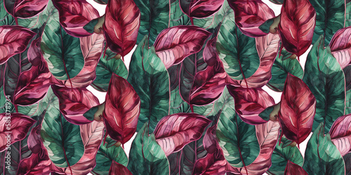 Repeating pattern background, tropical leaves, abstract art design, crimson – created with generative AI