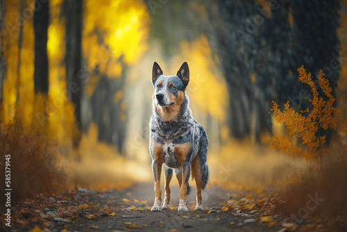 An Australian cattle dog walking through the forest in the fall. Generative Ai