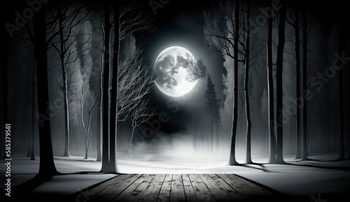 Dark abstract winter forest background. Wooden floor, snow, fog. Dark night background in the forest with moonlight. Night view, Generate Ai