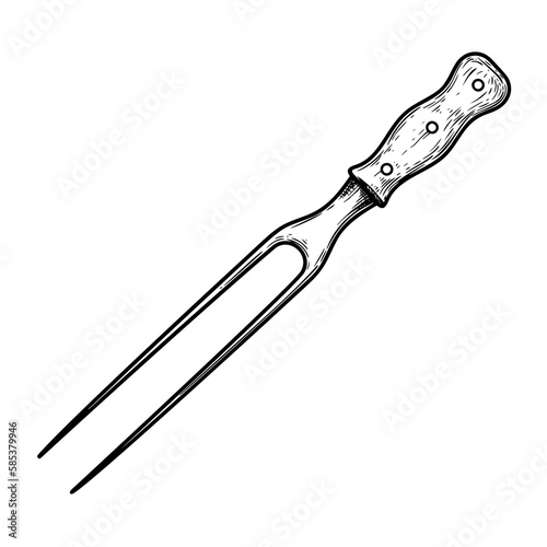 Carving fork with wooden handle. Butcher and kitchen utensil. Chef's tool. Hand drawn sketch style drawing. Vector illustration.