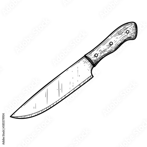 Chef's knife with wooden handle. Butcher and kitchen utensil. Chef's tool. Hand drawn sketch style drawing. Vector illustration.
