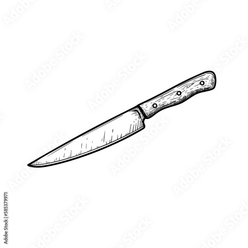 Utility knife with wooden handle. Butcher and kitchen utensil. Chef's tool. Hand drawn sketch style drawing. Vector illustration.
