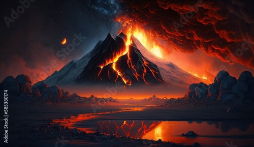 illustration painting of Night landscape with volcano and burning lava. Volcano eruption, fantasy landscape. 3D illustration, Generate Ai