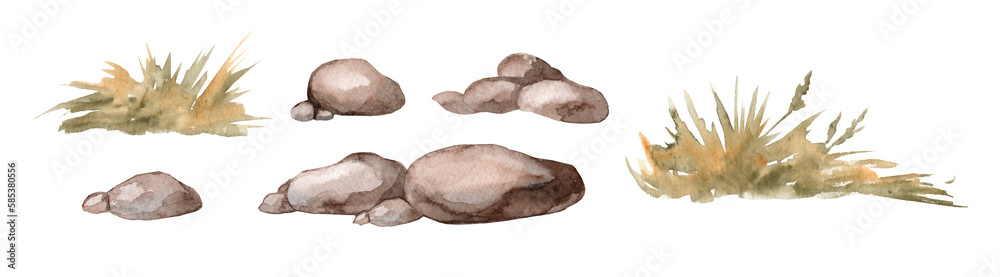 Set of stones and grass. Hand drawn watercolor painting isolated on white background Set of stones and grass. Hand drawn watercolor painting isolated on white background
