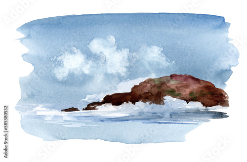 Sea shore. watercolor illustration. Hand drawn beach with sandy beach and rocks. Nature scene border background.