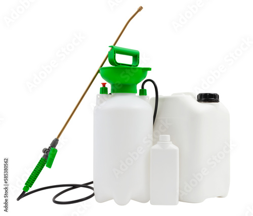 Cleaning and disinfection tools kit, isolated on white background. Manual pump sprayer nebulizer and jerry can to destroy bacteria housekeeping and pesticides for gardening Plants