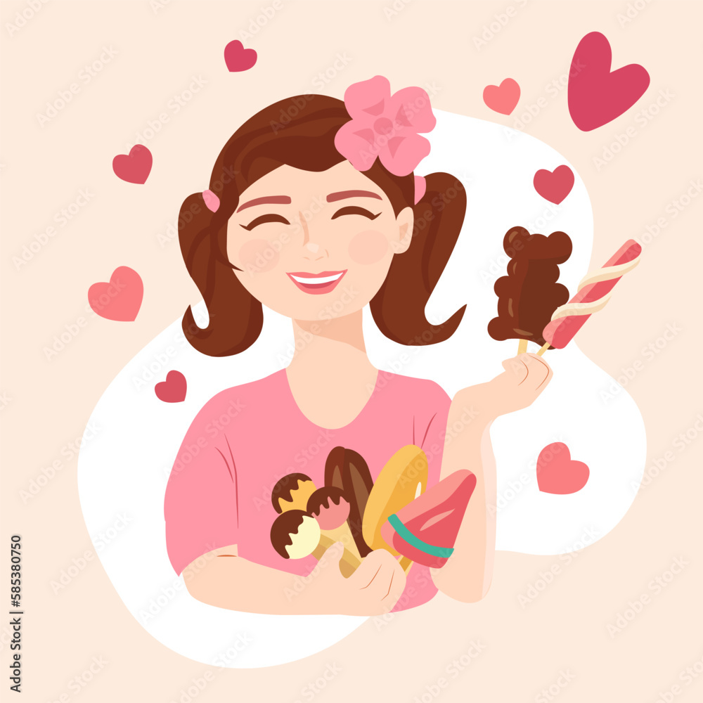 Smiling girl with ice cream. Vector Illustration for Happy national ice cream day on hearts background. No Diet Day , Eat What You Want Day llustration. Smiling girl with ice cream. Vector Illustration for Happy national ice cream day on hearts background. No Diet Day , Eat What You Want Day llustration.