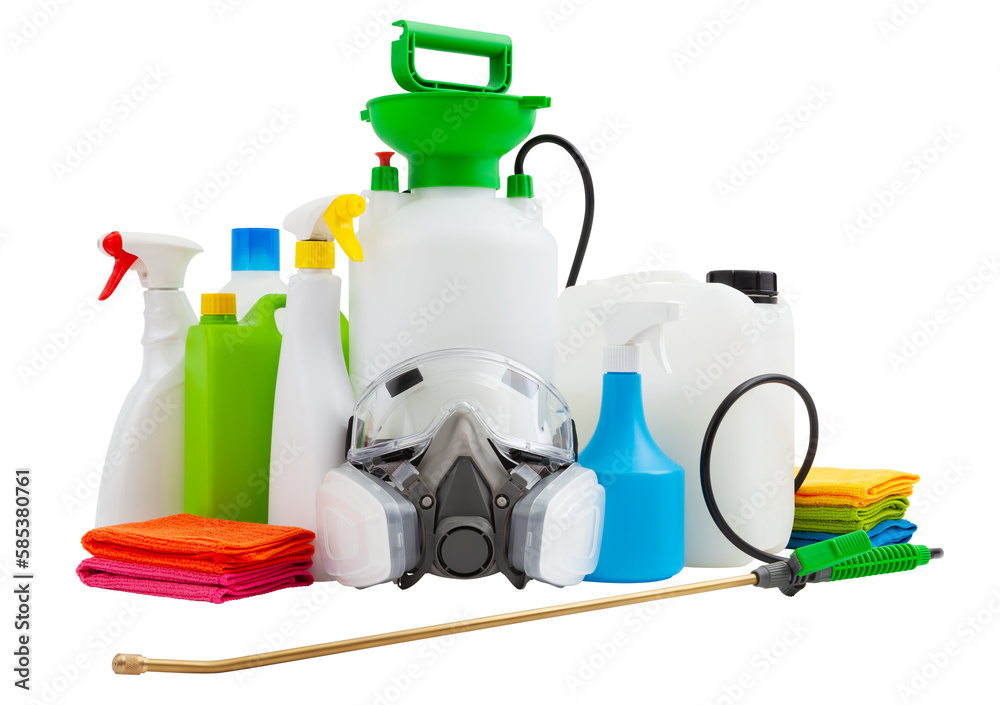 Cleaning and disinfection tools kit, isolated on white background. Protective respirator mask, manual pump nebulizer and jerry can to destroy bacteria housekeeping and pesticides for gardening Plants