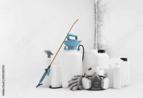 Cleaning and disinfection tools kit, isolated on white wall with mold background. Protective respirator mask, manual pump nebulizer and jerry can to destroy bacteria and treatment fungus housekeeping