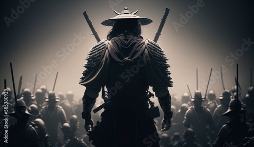 illustration painting A samurai with a katana stands ready to fight against a huge army. 3D illustration. 3D illustration, digital art style, Generate Ai