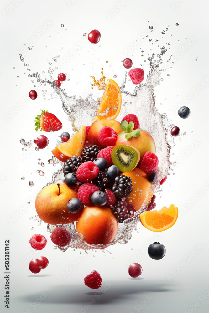Levitation mix sweet fruits and berries with drops of juice water splash, isolated on white background, organic healthy fruit, flying food. Splash of juice, AI generative