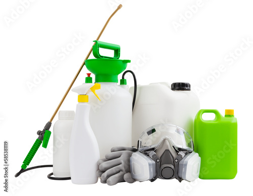Cleaning and disinfection tools kit, isolated on white background. Protective respirator mask, manual pump nebulizer and jerry can to destroy bacteria housekeeping and pesticides for gardening Plants