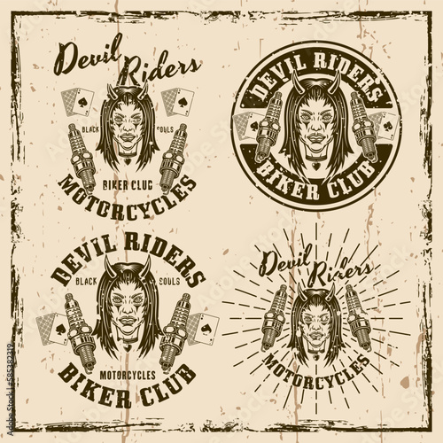 Biker club set of four vector emblems, logos, badges, labels, stickers with devil girl head and spark plugs. Illustration on background with grunge textures